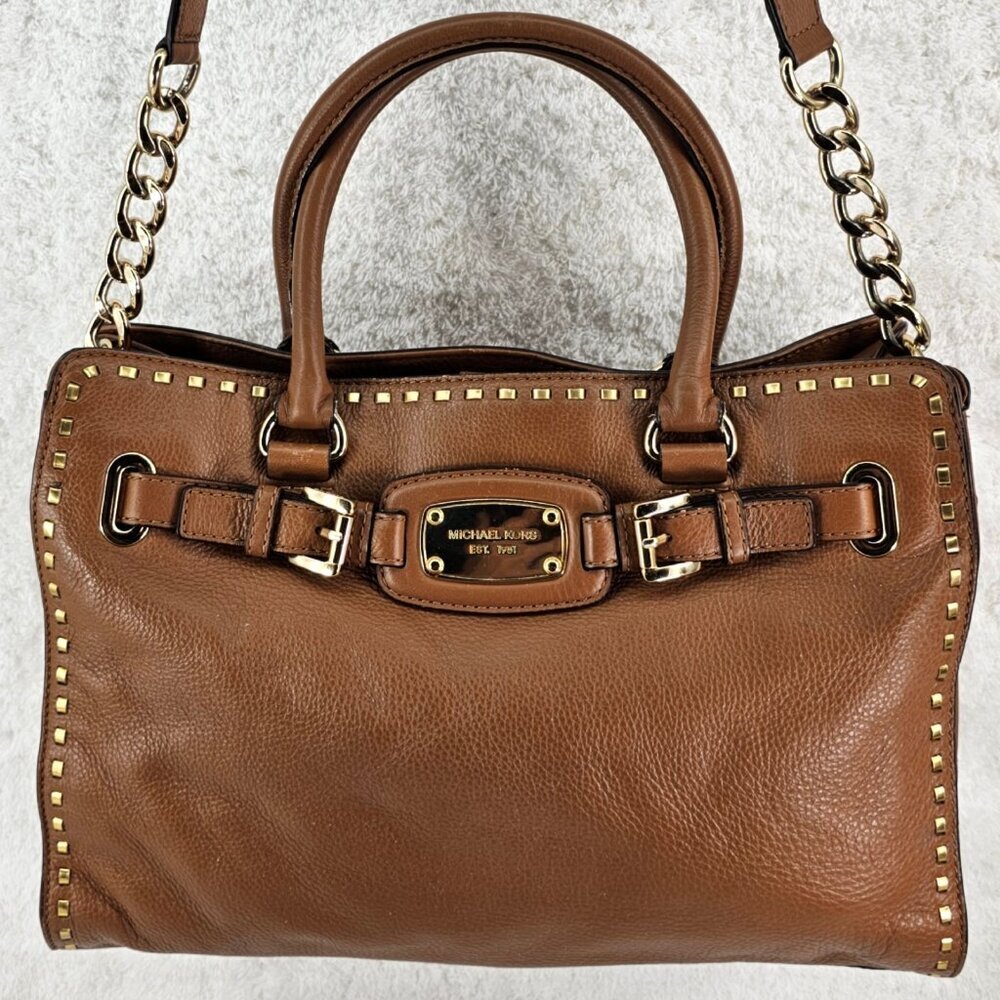 Michael Kors Hamilton Luggage Brown Pebble Leather Whipstitch Satchel Crossbody